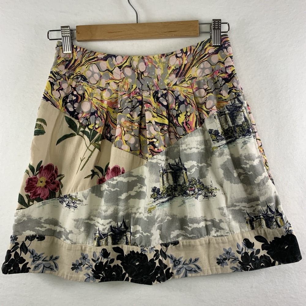 Leifnotes Anthro Flora Fortress Patchwork Print Mini Skirt 4‎ Boho Chic